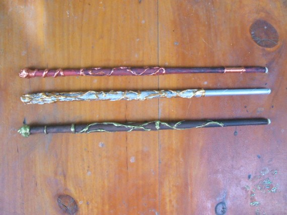 From top: son's wand, dad's wand, mom's wand.